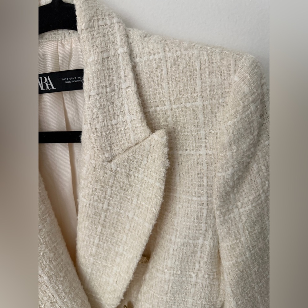 ZARA Cream Tweed Blazer | Double Breasted Gold Buttons | Chanel Style | Size S - Picture 8 of 11